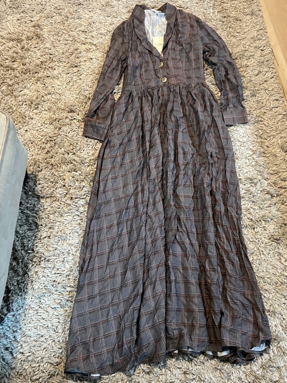 Modesees Grey Sophisticated Tartan-Patterned Linen-Blend Flared Maxi Dress - Picture 3 of 5